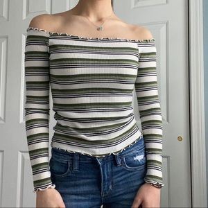 Off The Shoulder Green Striped Long Sleeve